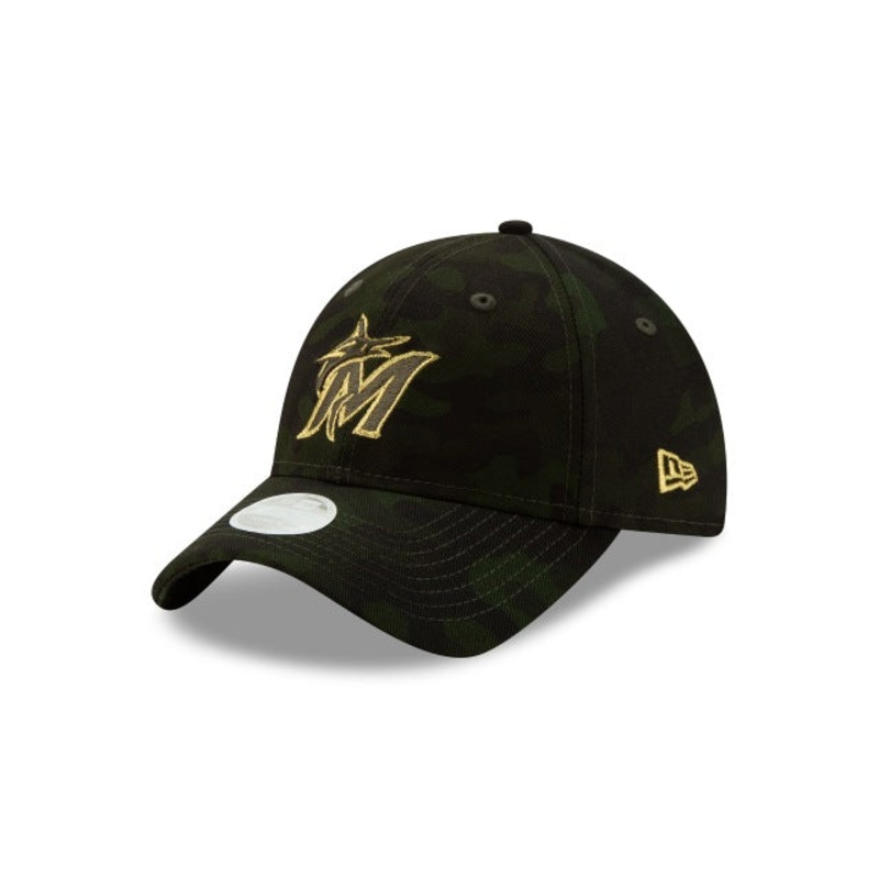 (Women) Miami Marlins New Era MLB 9TWENTY 920 Adjustable Cap Hat Camo Crown/Visor Golden Logo (2019 Armed Forces Day)