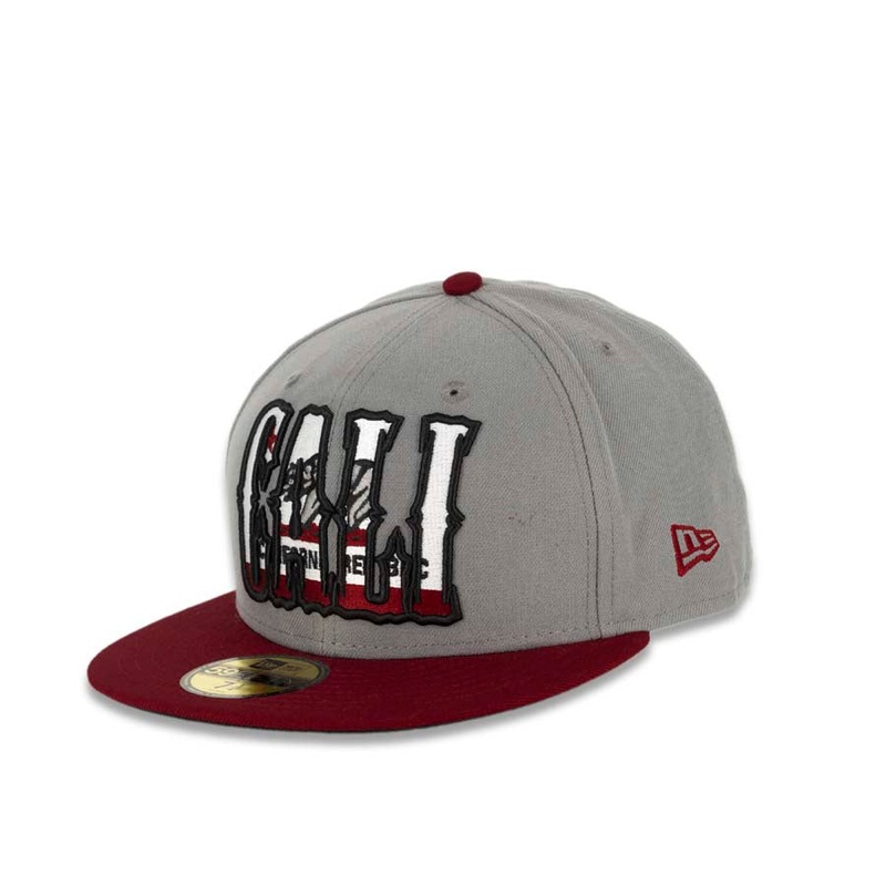 CALI CALIfornia New Era 59FIFTY 5950 Fitted Cap Hat Gray Crown Cardinal Visor Gray/Cardinal/White California Flag Inside CALI Block Logo
