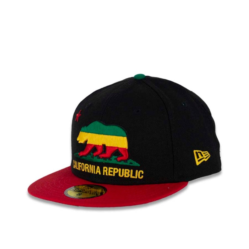 California Republic New Era 59FIFTY 5950 Fitted Cap Hat Black Crown Red Visor Green/Yellow/Red Logo
