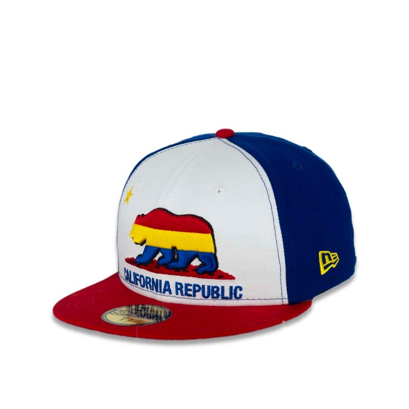 California Republic New Era 59FIFTY 5950 Fitted Cap Hat White/Royal Blue Crown Red Visor Red/Gold/Royal Blue Logo