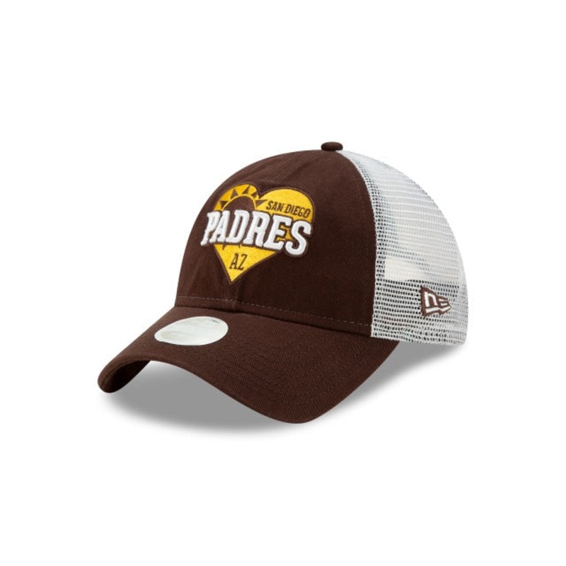 San Diego Padres New Era MLB 9TWENTY 920 Mesh Trucker Adjustable Cap Hat Brown/White Crown Brown Visor Team Color Text Sun/Heart Logo
