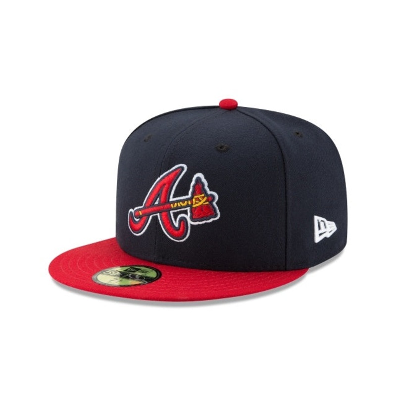 (Youth) Atlanta Braves New Era MLB 59FIFTY 5950 Kid Fitted Cap Hat Navy Crown Red Visor Team Color Retro Axe Logo