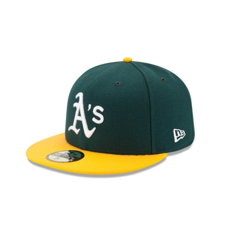 (Youth) Oakland Athletics New Era MLB 59FIFTY 5950 Kid Fitted Cap Hat Dark Green Crown Yellow Visor White Logo