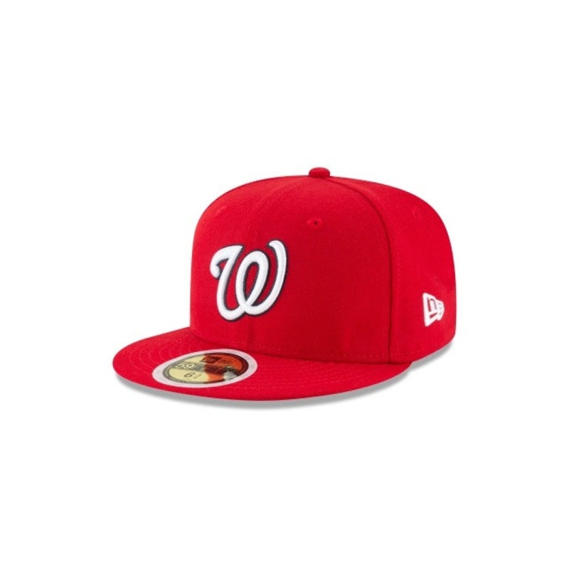 (Youth) Washington Nationals New Era MLB 59FIFTY 5950 Kid Fitted Cap Hat Red Crown/Visor Black/White Logo
