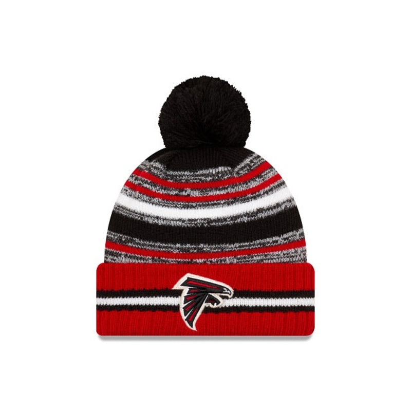 Atlanta Falcons New Era NFL Cuffed 2021 Sideline Sport Official Pom Knit Beanie Black/White/Red Team Color Logo