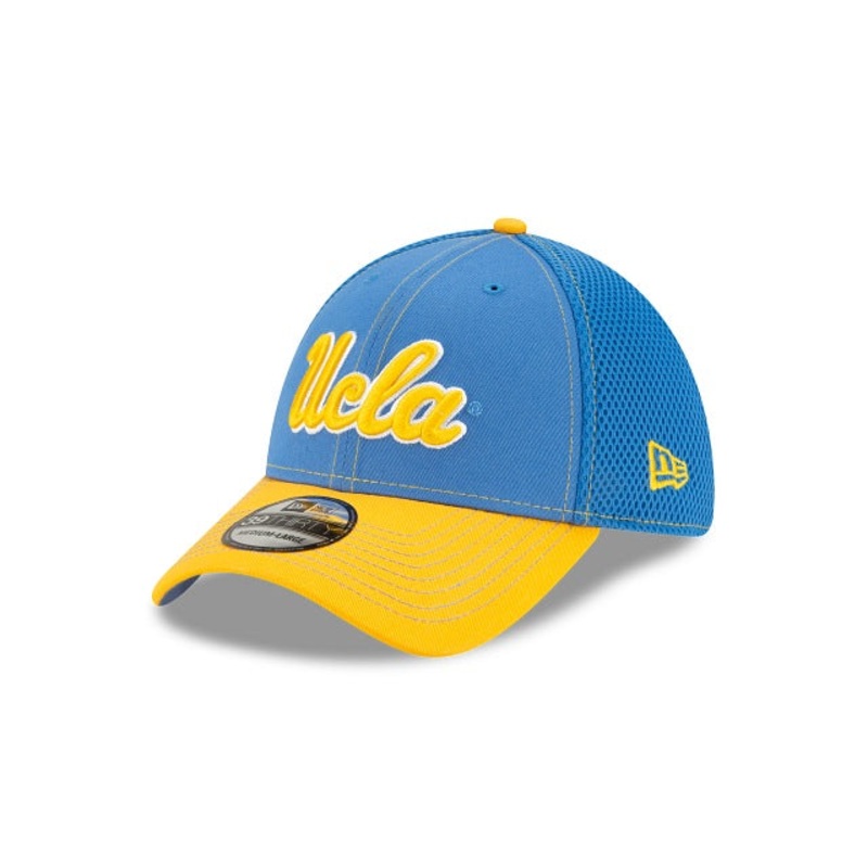 UCLA Bruins New Era NCAA 39THIRTY 3930 Mesh Trucker Fitted Cap Hat Sky Blue Crown Yellow Visor Yellow/White Logo