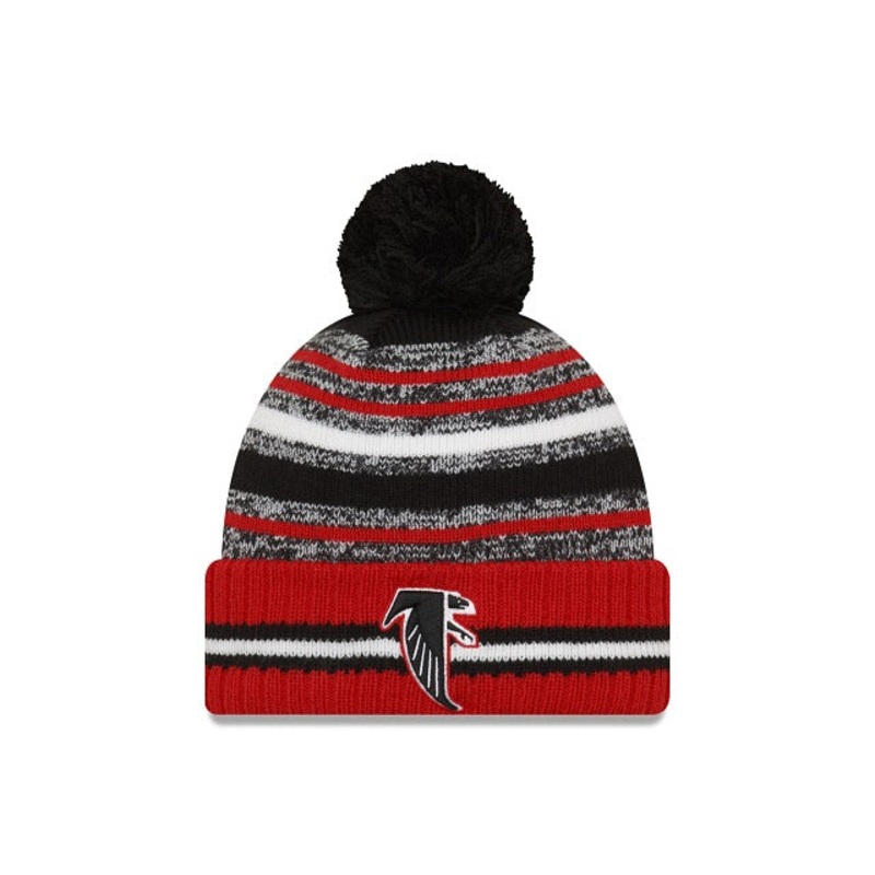 Atlanta Falcons New Era NFL 2021 Sideline Sport Official Cuffed Pom Knit Black/Red/White Team Color Retro Logo