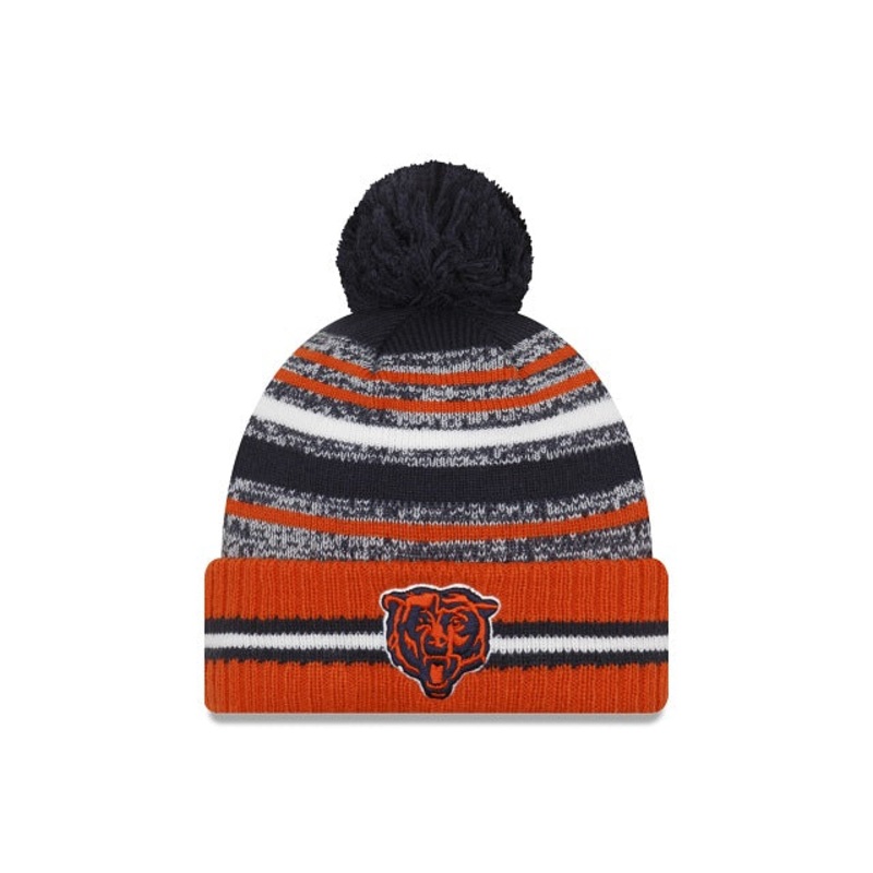 Chicago Bears New Era NFL 2021 Sideline Sport Official Cuffed Pom Knit Navy/White/Orange Team Color Logo