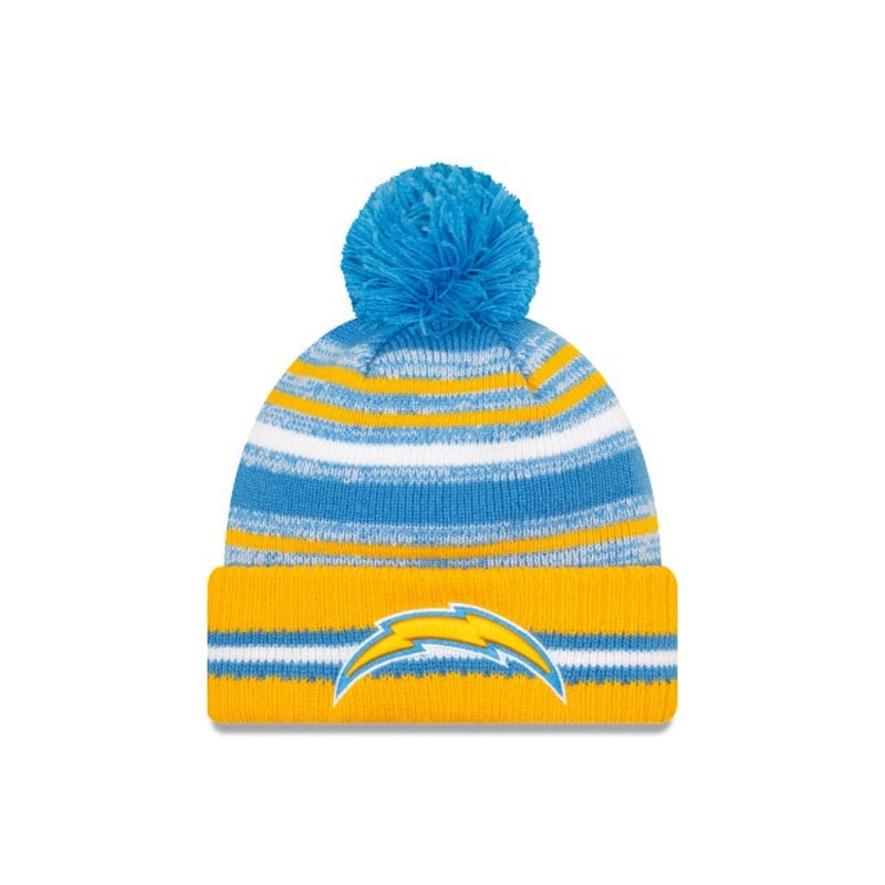 Los Angeles Chargers New Era NFL2021 Sideline Sport Official Cuffed Pom Knit Sky Blue/White/Yellow Team Color Logo