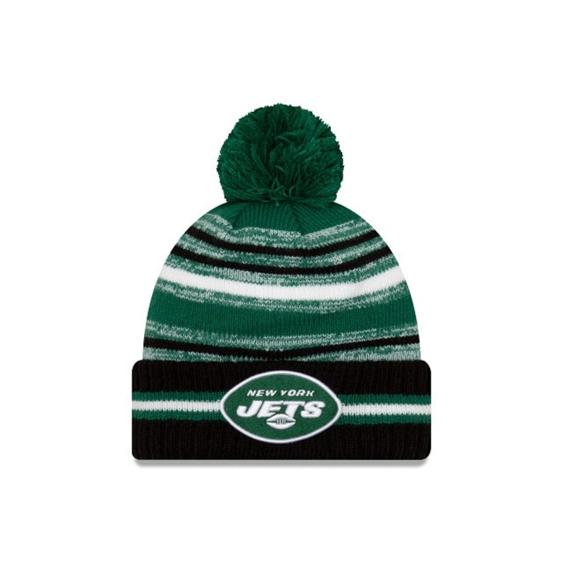 New York Jets New Era NFL 2021 Sideline Sport Official Cuffed Pom Knit Green/Black/White Team Color Logo