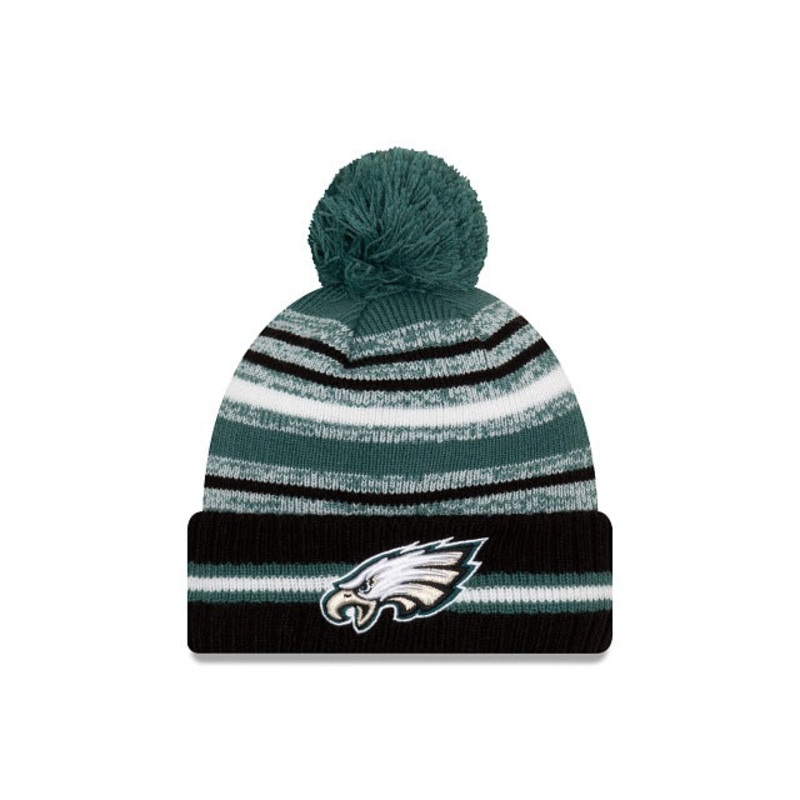 Philadelphia Eagles New Era NFL 22021 Sideline Sport Official Cuffed Pom Knit Hat Green/White/Black Crown/Visor Team Color Logo