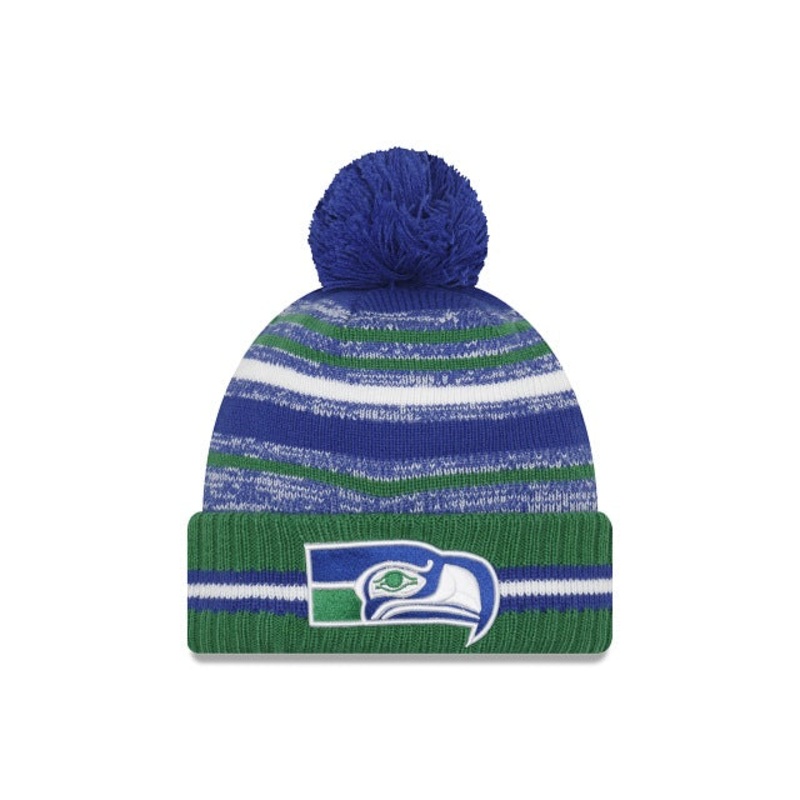 Seattle Seahawks New Era NFL 2021 Sport Official Cuffed Pom Knit Royal Blue/Dark Green/White Team Color Retro Logo