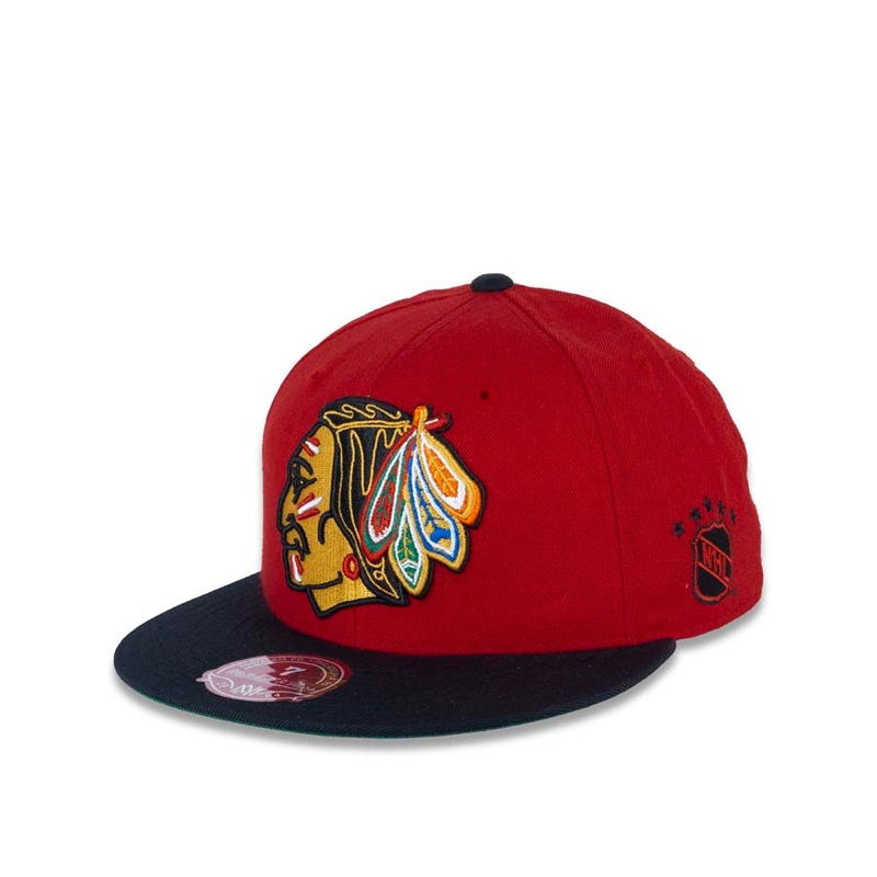 Chicago Blackhawks Mitchell & Ness NHL Fitted Cap Hat Red Crown Black Visor Big Large Team Color Logo