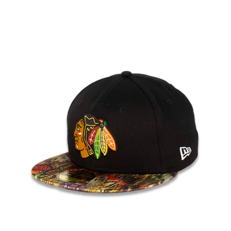 Chicago Blackhawks New Era NHL 59FIFTY 5950 Fitted Cap Hat Black Crown Snake Skin Visor Team Color Logo