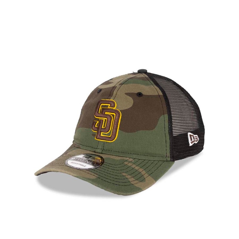 San Diego Padres New Era MLB 9TWENTY 920 Mesh Trucker Adjustable Cap Hat Camo/Black Crown/Visor Brown/Yellow Logo