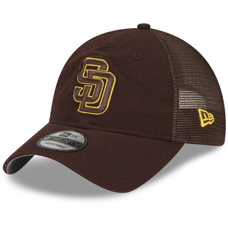 San Diego Padres New Era MLB 9TWENTY 920 Trucker Mesh Adjustable Cap Hat Dark Brown Crown/Visor Yellow Logo (2022 Batting Practice)
