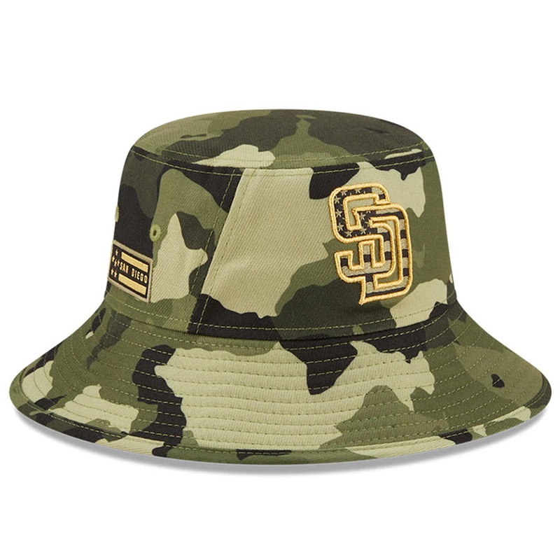 San Diego Padres New Era MLB Bucket Cap Hat Camo Crown/Visor Camo Flag/Gold Logo (2022 Armed Forces Day)
