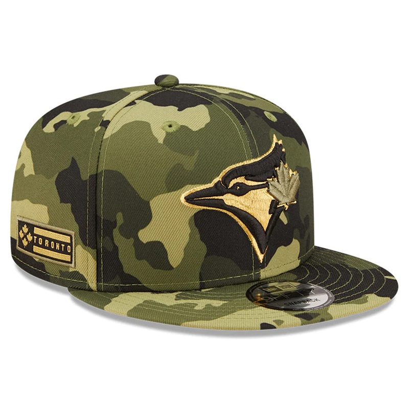Toronto Blue Jays New Era MLB 9FIFTY 950 Snapback Cap Hat Camo Crown/Visor Camo Flag/Gold Logo (2022 Armed Forces Day)
