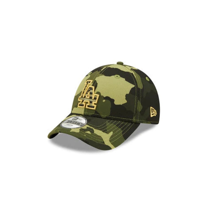 (Youth) Los Angeles Dodgers New Era MLB 9FORTY 940 Kid Adjustable Cap Hat Camo Crown/Visor Camo Flag/Gold Logo (2022 Armed Forces Day)