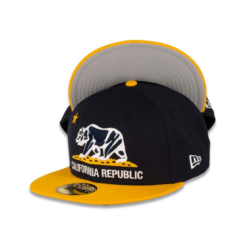 California Republic New Era 59FIFTY 5950 Fitted Cap Hat Dark Navy Crown Yellow Visor Dark Navy/White/Yellow Logo