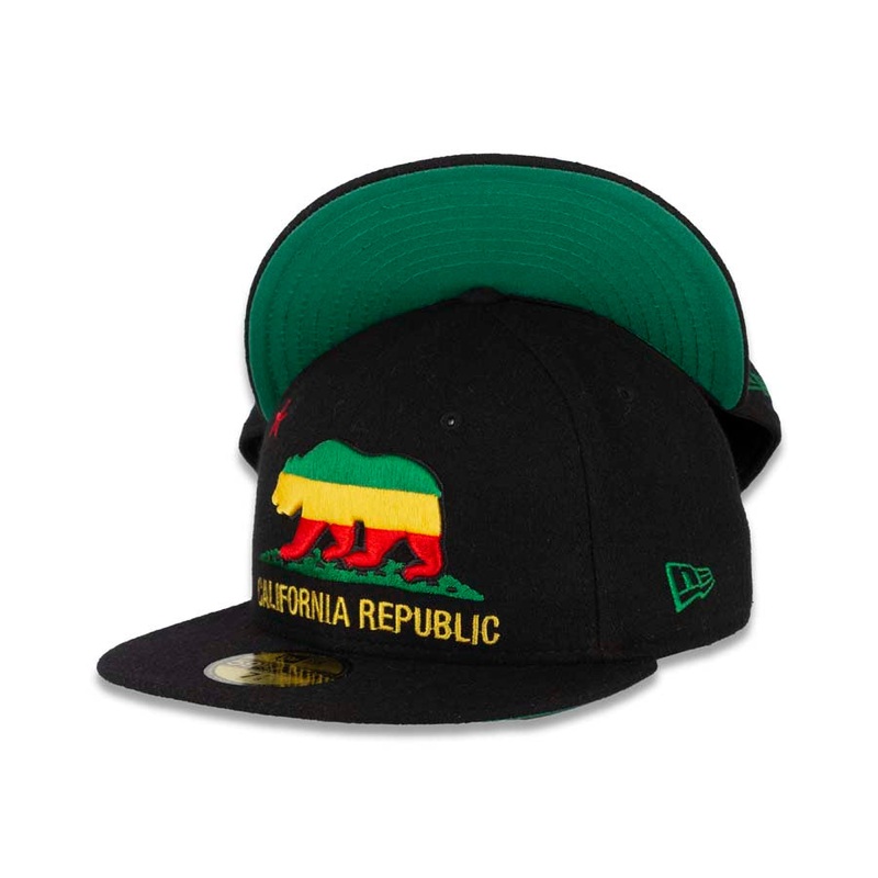 California Republic New Era 59FIFTY 5950 Fitted Melton Cap Hat Black Crown/Visor Gray/Yellow/Red Logo Green UV
