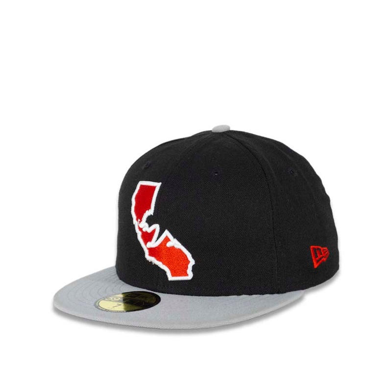 California Bear New Era 59FIFTY 5950 Fitted Cap Hat Black Crown Gray Visor Red/White Bear Inside State Map Logo (Freeway)
