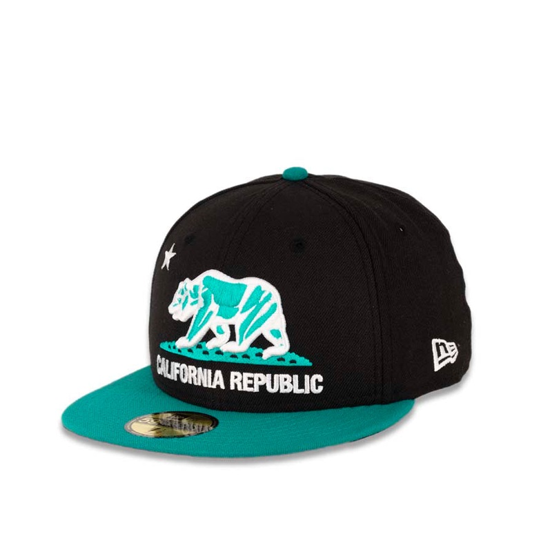 California Republic New Era 59FIFTY 5950 Fitted Cap Hat Black Crown Aqua Visor Aqua/White Logo Cali Bear