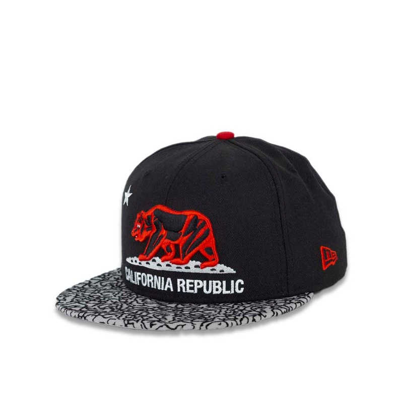 California Republic New Era 59FIFTY 5950 Fitted Cap Hat Black Crown Elephant Print Gray Visor Red/Gray/White Logo Cali Bear