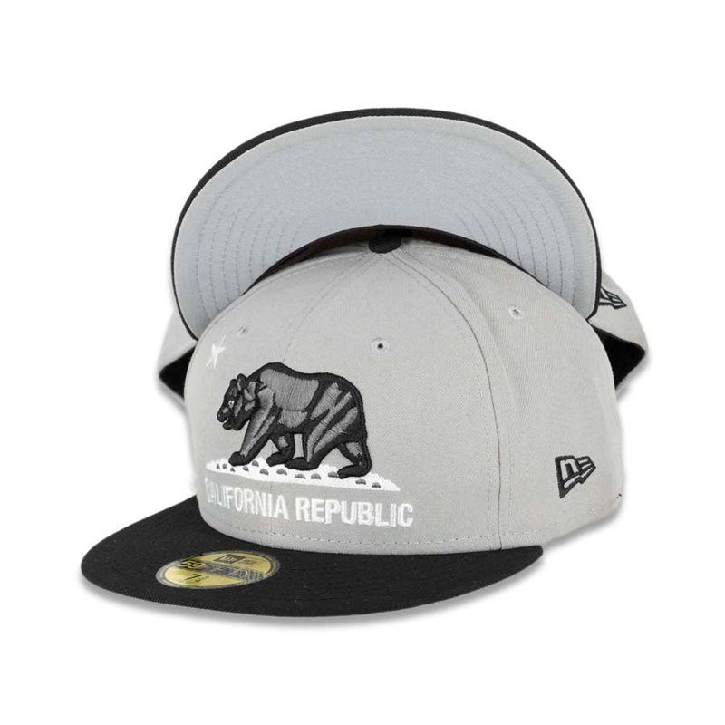 California Republic New Era 59FIFTY 5950 Fitted Cap Hat Gray Crown Black Visor Dark Gray/Black/White Bear Logo