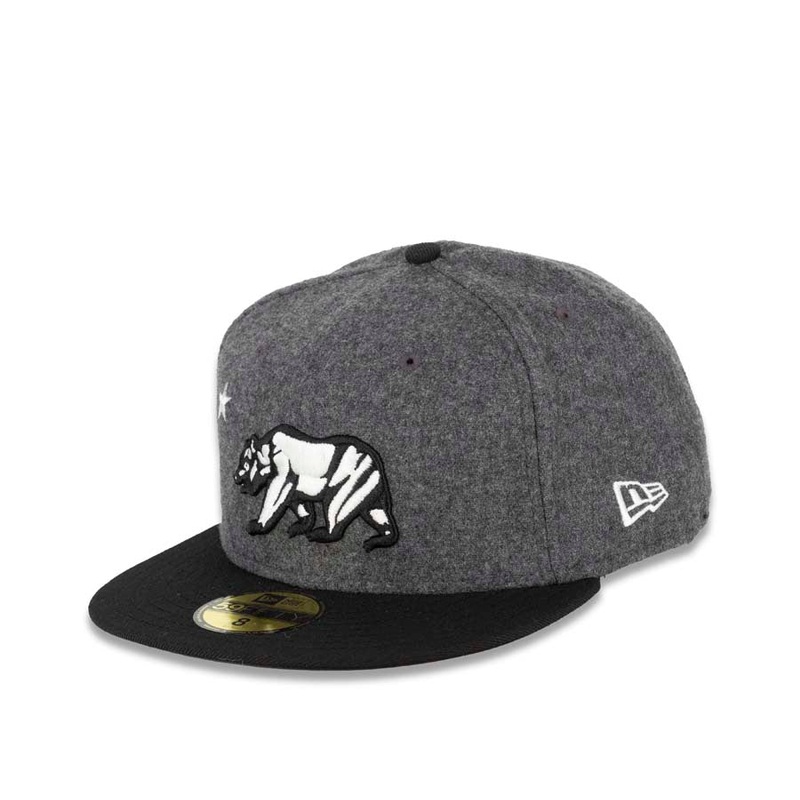 California Republic New Era 59FIFTY 5950 Fitted Cap Hat Melton Dark Gray Crown Black Visor White/Black Bear Logo