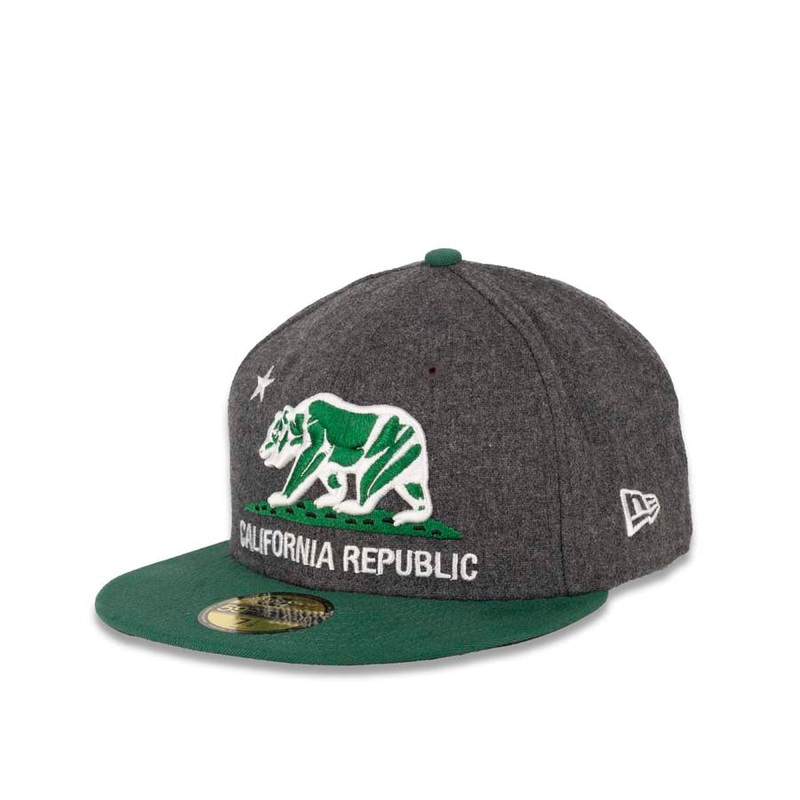 California Republic New Era 59FIFTY 5950 Fitted Cap Hat Melton Dark Gray Crown Emerald Green Visor Green/White Logo