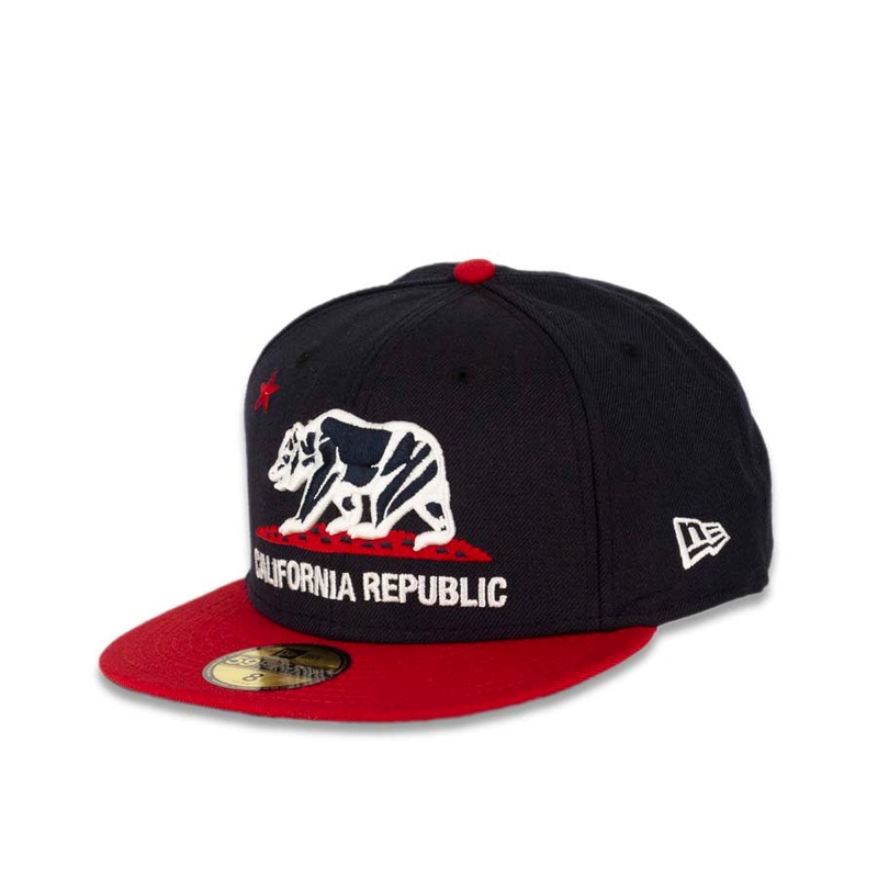 California Republic New Era 59FIFTY 5950 Fitted Cap Hat Navy Crown Red Visor White/Red/Navy Logo Cali Bear
