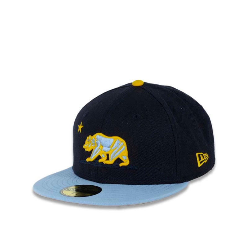 California Republic New Era 59FIFTY 5950 Fitted Cap Hat Navy Crown Sky Blue Visor Sky Blue/Yellow Logo