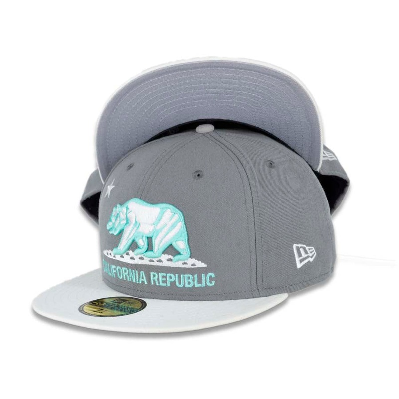 California Republic New Era 59FIFTY 5950 Fitted Cap Hat Storm Gray Crown White Visor Teal/White Logo Cali Bear