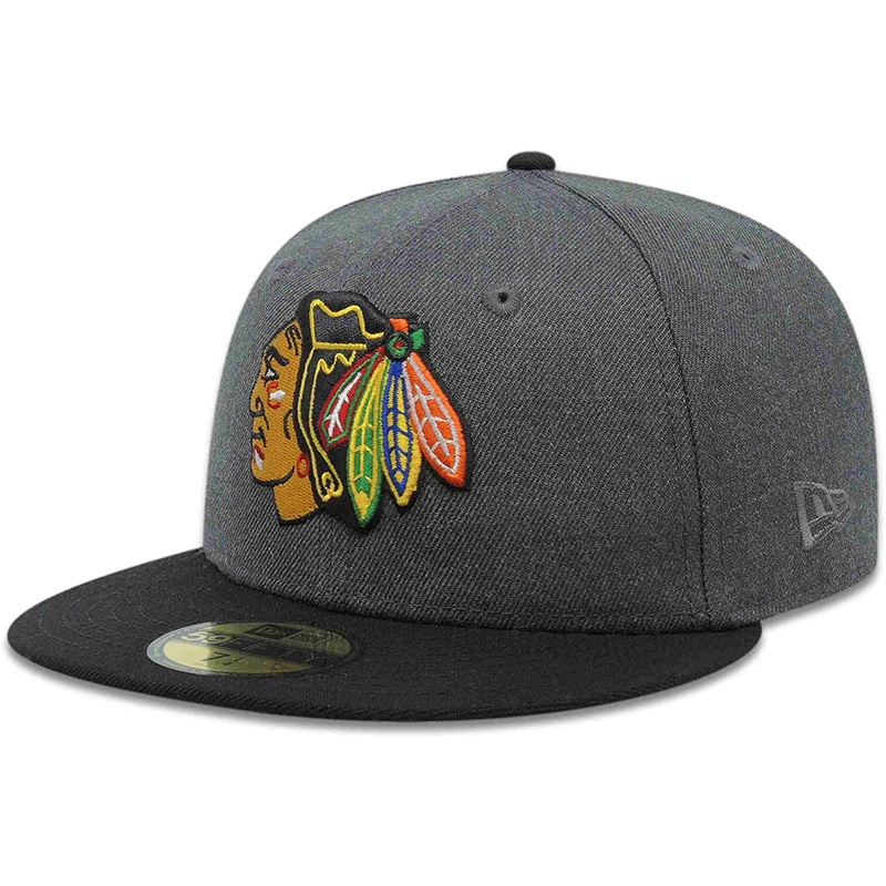 Chicago Blackhawks New Era NHL 59FIFTY 5950 Fitted Cap Hat Heather Dark Gray Crown Black Visor Team Color Logo