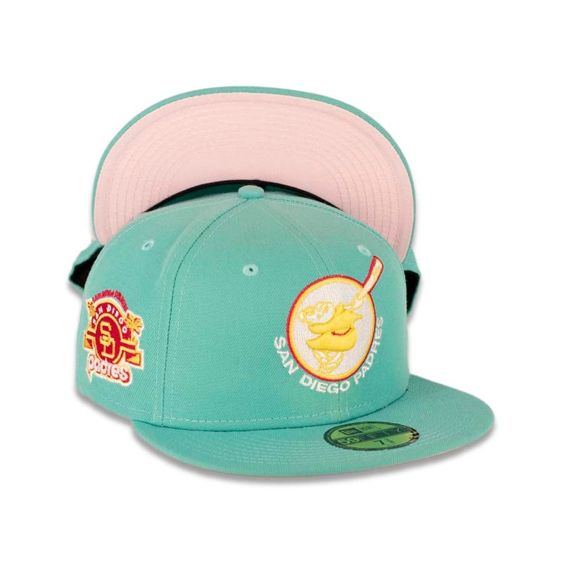 (City Connect Color) San Diego Padres New Era MLB 59FIFTY 5950 Fitted Cap Hat Light Green Crown/Visor Yellow/White Swinging Friar Logo Stadium Patch
