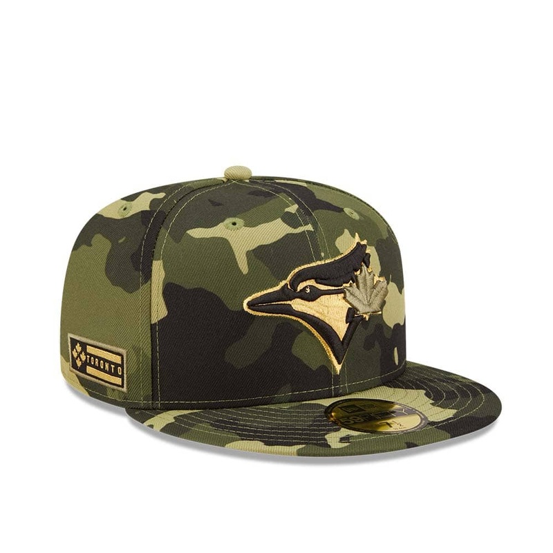 Toronto Blue Jays New Era MLB 59FIFTY 5950 Fitted Cap Hat Camo Crown/Visor Camo/Metalic Gold Logo (2022 Armed Forces Day)