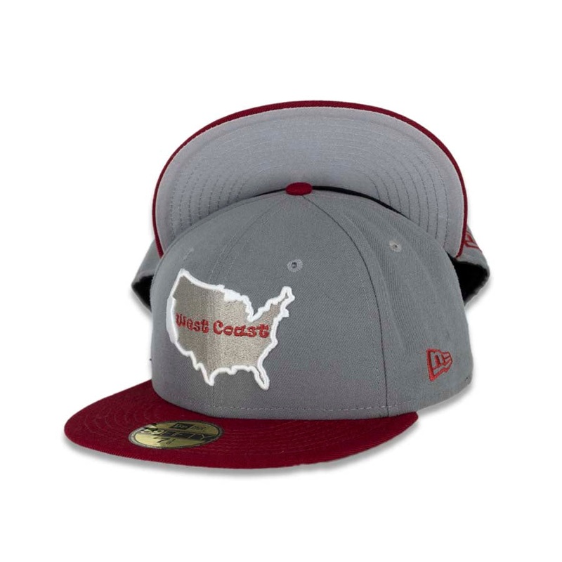 West Coast New Era 59FIFTY 5950 Fitted Cap Hat Storm Gray Crown Cardinal Red Visor Cardinal/Gray Logo Text Inside US Map