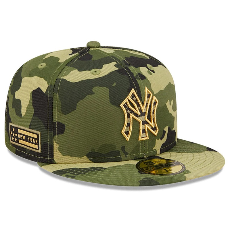 (Youth) New York Yankees New Era MLB 59FIFTY 5950 Fitted Kid Cap Hat Camo Crown/Visor Camo/Metallic Gold Logo (2022 Armed Forces Day)