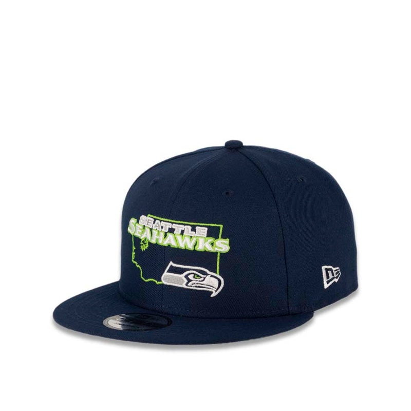 Seattle Seahawks New Era NFL 9FIFTY 950 Snapback Cap Hat Navy Crown/Visor Team Color Logo with State Map (Logo State)