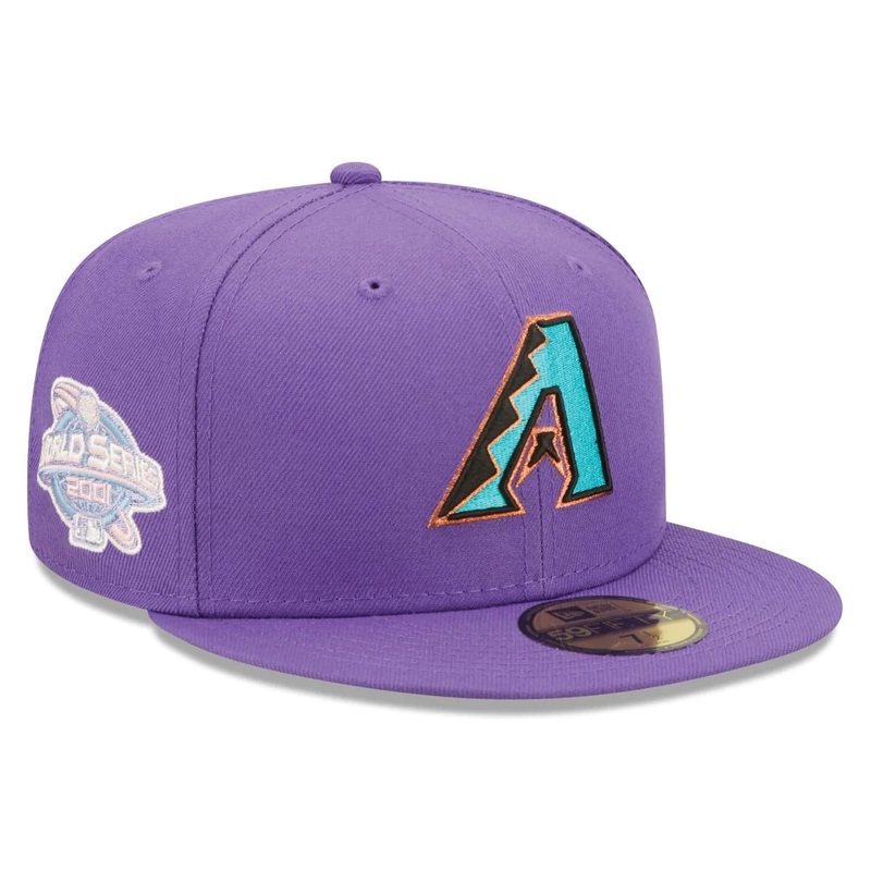 Arizona Diamondbacks New Era MLB 59FIFTY 5950 Fitted Cap Hat Purple Crown/Visor Team Color Cooperstown Logo 2001 World Series Side Patch (Pop Sweat)