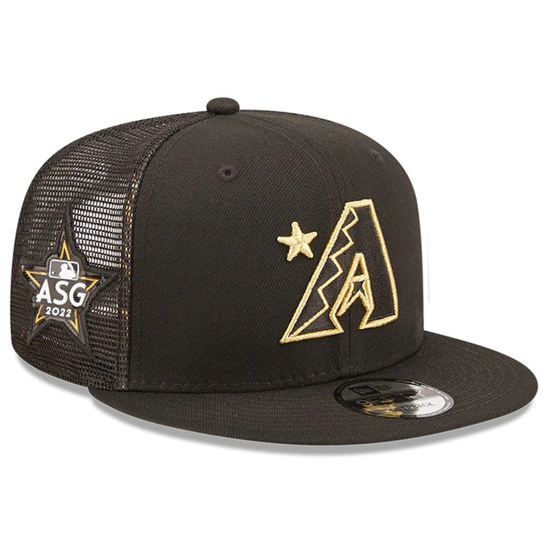 Arizona Diamondbacks New Era MLB 9FIFTY 950 Mesh Trucker Snapback Cap Hat Black Crown/Visor Metallic Gold Logo with Star 2022 All-Star Game Side Patch