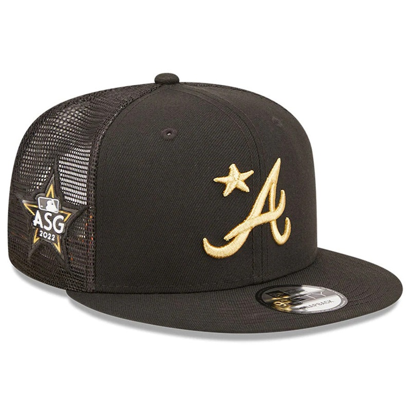 Atlanta Braves New Era MLB 9FIFTY 950 Mesh Trucker Snapback Cap Hat Black Crown/Visor Metallic Gold Logo with Star 2022 All-Star Game Side Patch