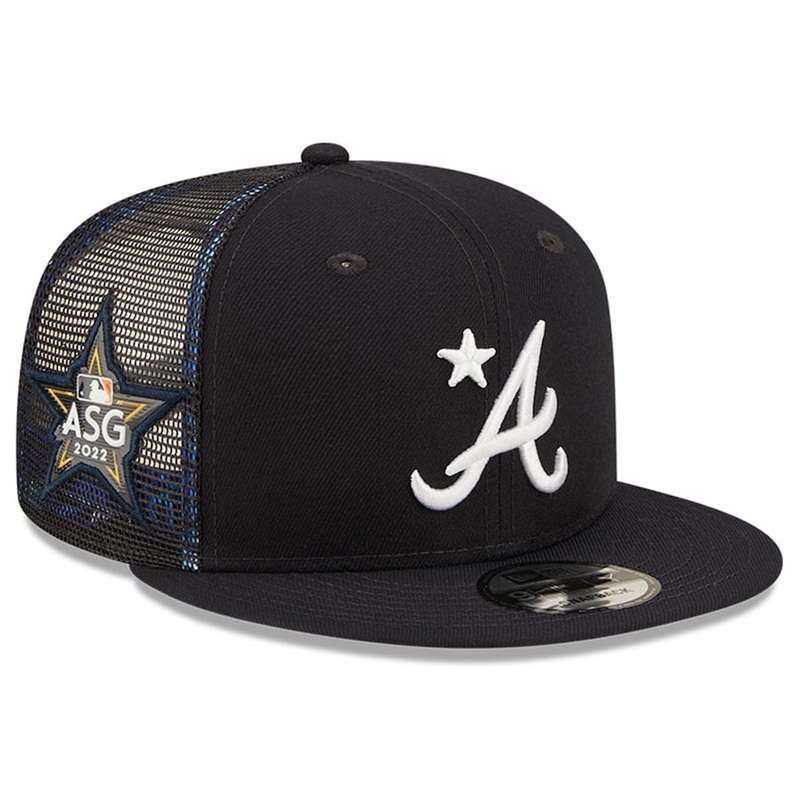 Atlanta Braves New Era MLB 9FIFTY 950Mesh Trucker Snapback Cap Hat Navy Crown/Visor Team Logo with Star 2022 All-Star Game Side Patch