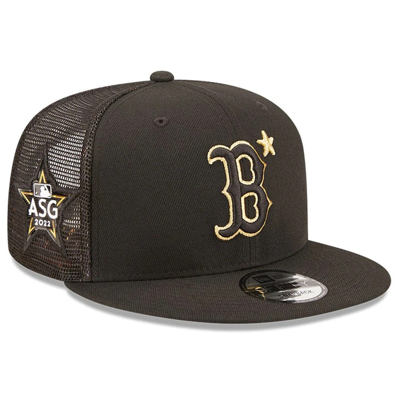 Boston Red Sox New Era MLB 9FIFTY 950 Mesh Trucker Snapback Cap Hat Black Crown/Visor Metallic Gold Logo with Star 2022 All-Star Game Side Patch