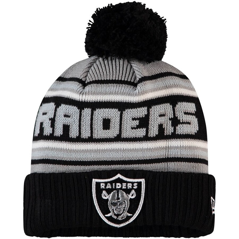 Las Vegas Raiders New Era Cuffed Pom Knit Hat Gray/Black Crown/Visor Team Color Logo (Knit Cheer)