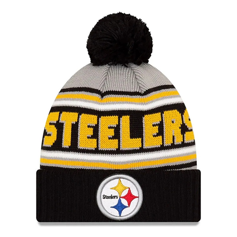 Pittsburgh Steelers New Era NFL Cuffed Pom Knit Hat Gray/Black Crown/Visor Team Color Logo (Knit Cheer)