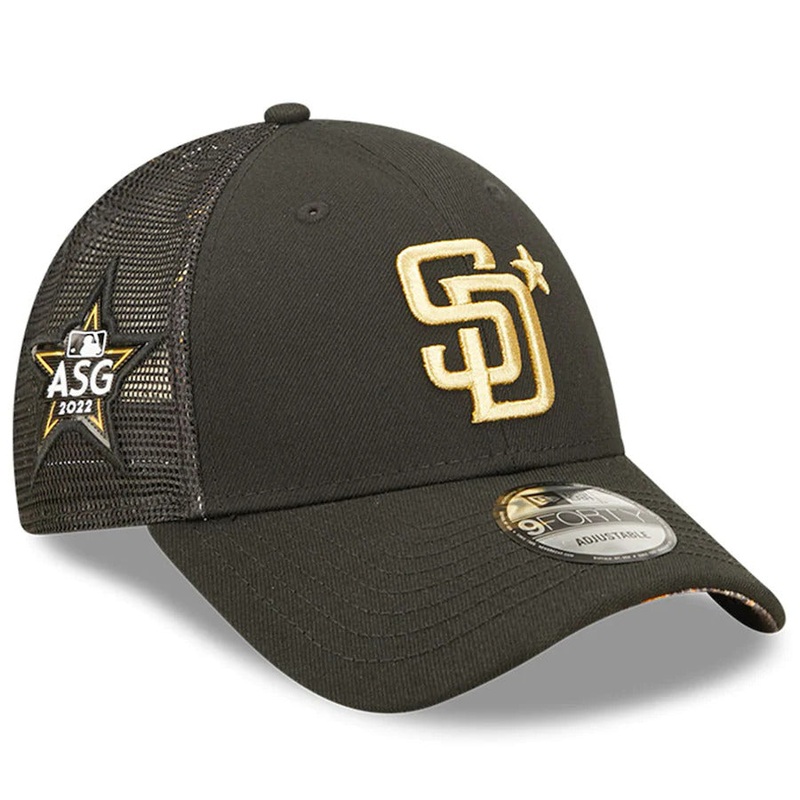 San Diego Padres New Era MLB 9FORTY 940 Mesh Trucker Adjustable Cap Hat Black Crown/Visor Metallic Gold Logo with Star 2022 All-Star Game Side Patch
