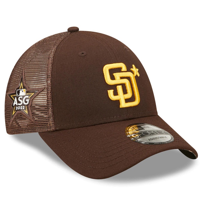 San Diego Padres New Era MLB 9FORTY 940 Mesh Trucker Adjustable Cap Hat Brown Crown/Visor Team Color Logo with Star 2022 All-Star Game Side Patch