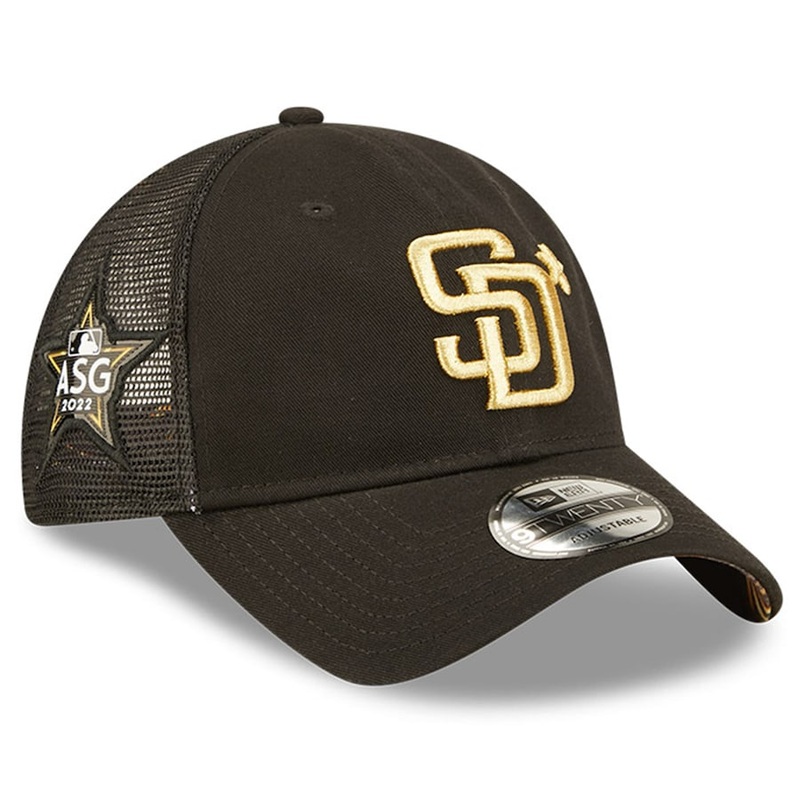 San Diego Padres New Era MLB 9TWENTY 920 Mesh Trucker Adjustable Cap Hat Black Crown/Visor Metallic Gold Logo with Star 2022 All-Star Game Side Patch